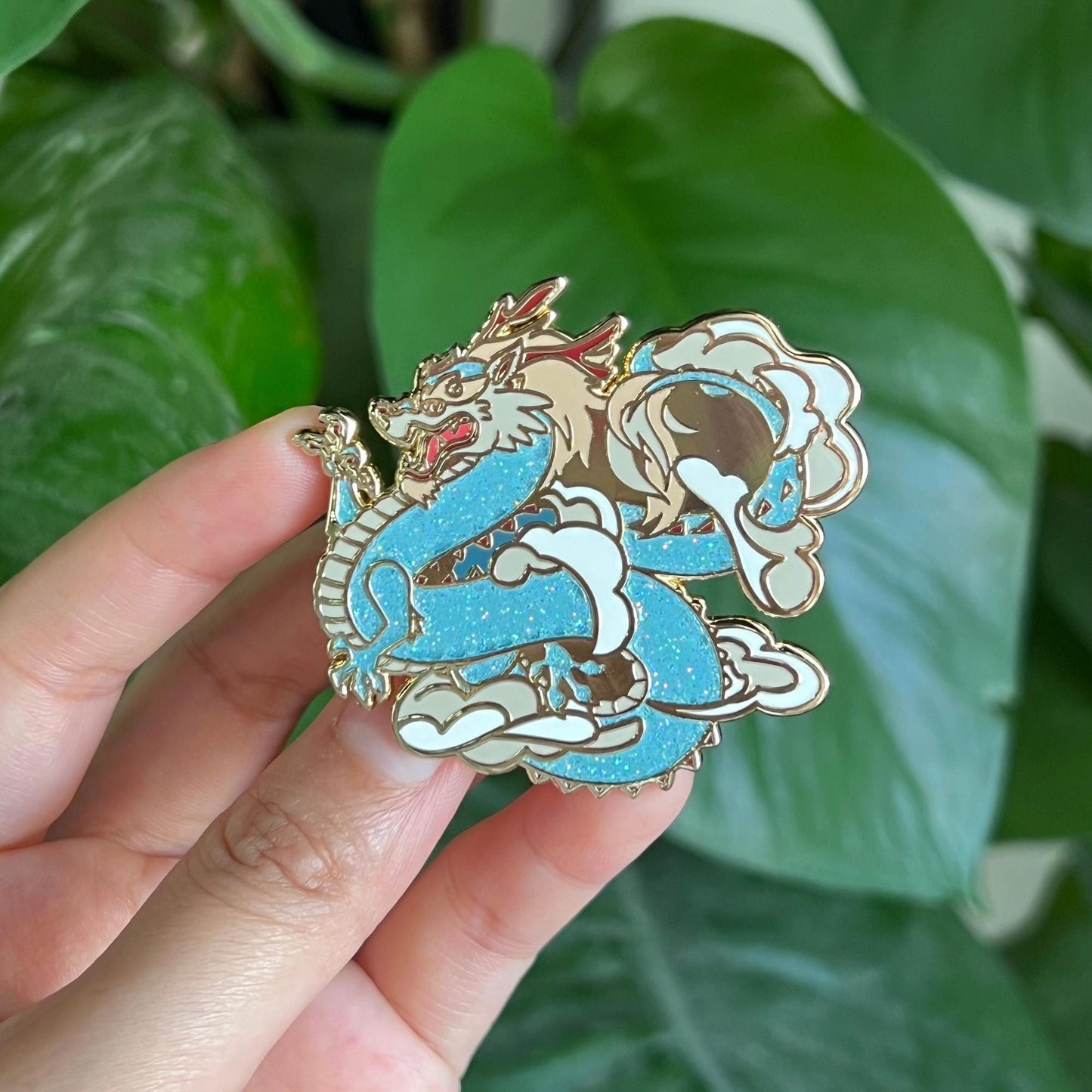 Blue Glitter Dragon Enamel Pin: Eastern Myth Fantasy Art